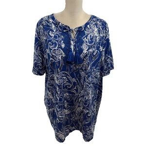NWOT Catherines Cotton Blouse Womens 1X Tie-Neck Blue White Floral Short Sleeve